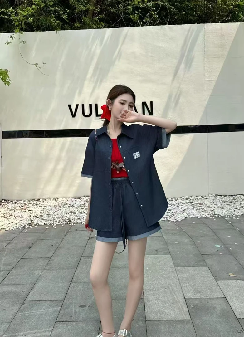 M35#时尚牛仔阔腿短裤套装女夏薄2025夏季新款宽松港风三件套