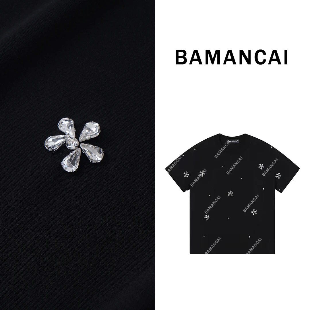 Bamancai-设计感简约手工烫钻花朵新款圆领宽松洋气休闲女短袖T恤