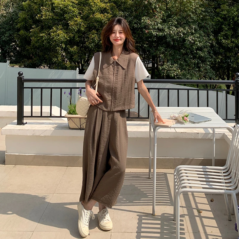 韩系可盐可甜气质马甲T恤阔腿裤三件套2025夏季新款时尚穿搭套装