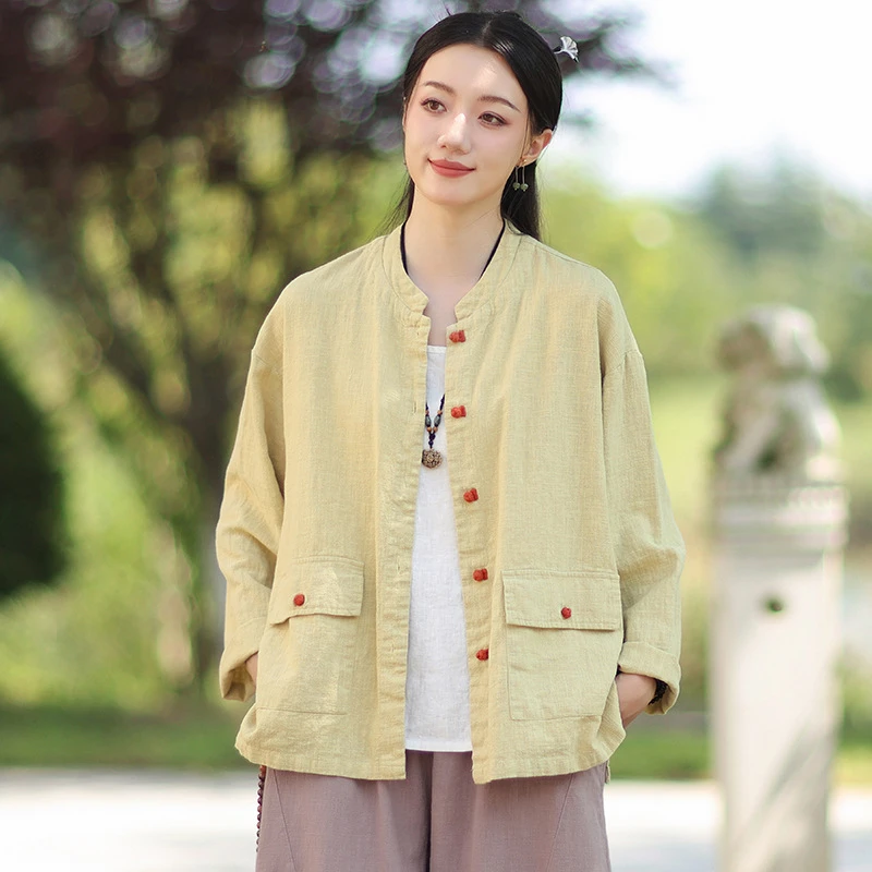 国风撞色盘扣开衫外套宽松上衣女25年秋季新款棉麻复古新中式衬衫