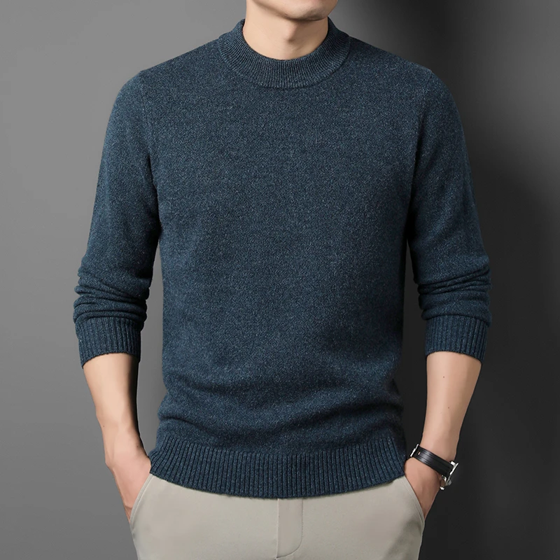 【100%绵羊毛】轻奢男士中年新款秋冬加厚半高领毛衣纯色保暖针织衫