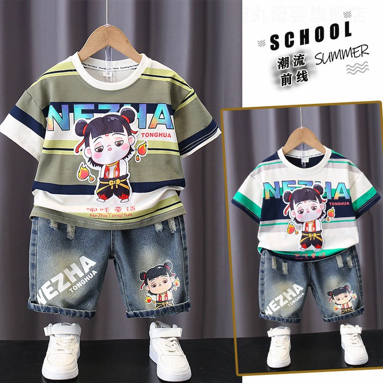 卡通动漫透气短袖夏季薄款吸湿排汗哪吒图案男孩童装舒适套装