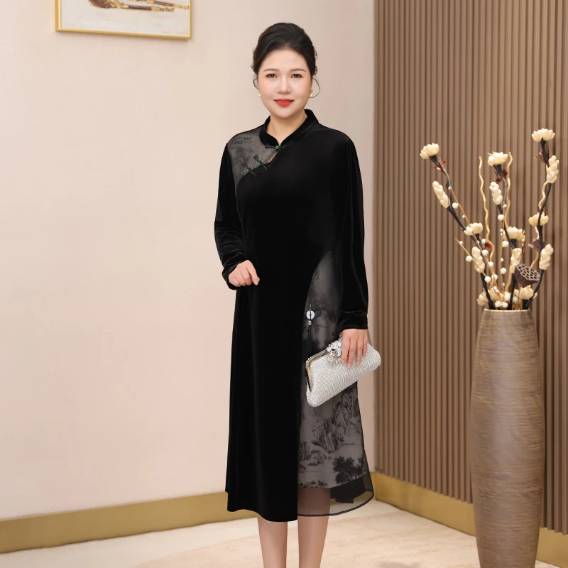 新中式旗袍款国风妈妈装连衣裙秋洋气假两件丝绒拼接端庄大气女装