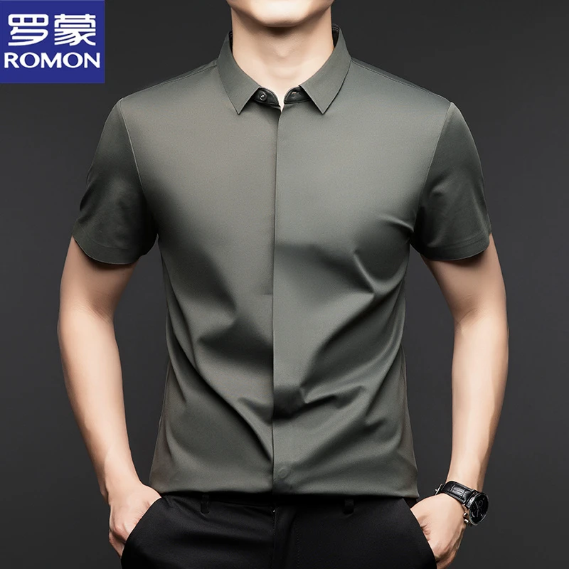 罗蒙高端冰丝短袖衬衫男士夏季新款轻奢商务暗扣休闲百搭衬衣服潮