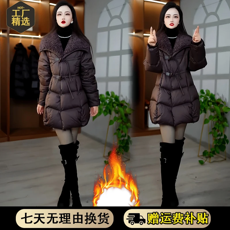 简约风纯色复古棉服女2025年冬季新款加棉加厚减龄拼接中长款外套