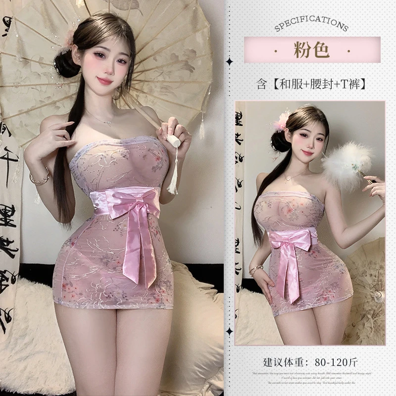 清冷风复古一字肩印花裹胸包臀裙性感网纱透视短款无袖纯欲连衣裙