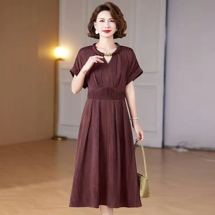 【小颖专属】夏季气质长裙新款缎面短袖连衣裙轻奢高端大气a字裙