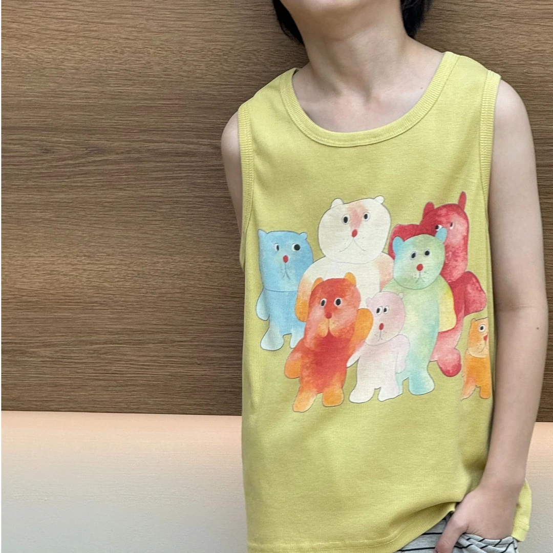 vilimama2025夏款男女童小熊印花坑条无袖背心55503