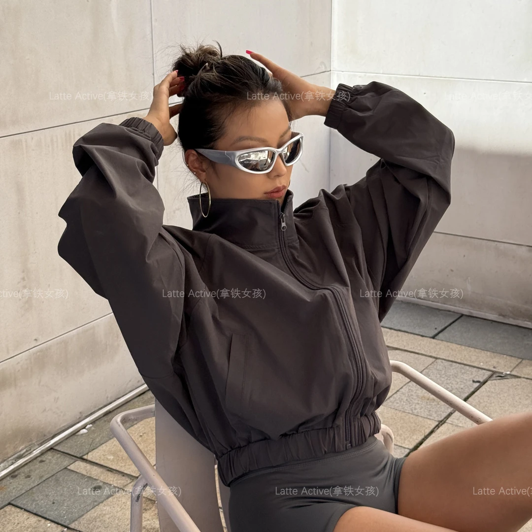 拿铁女孩宽松拉链运动外套女短款健身长袖显瘦跑步运动上衣瑜伽服