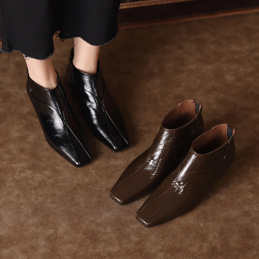 1902-1及踝靴2025春季新款中跟粗跟鞋方头亮漆皮鞋短靴女单靴子