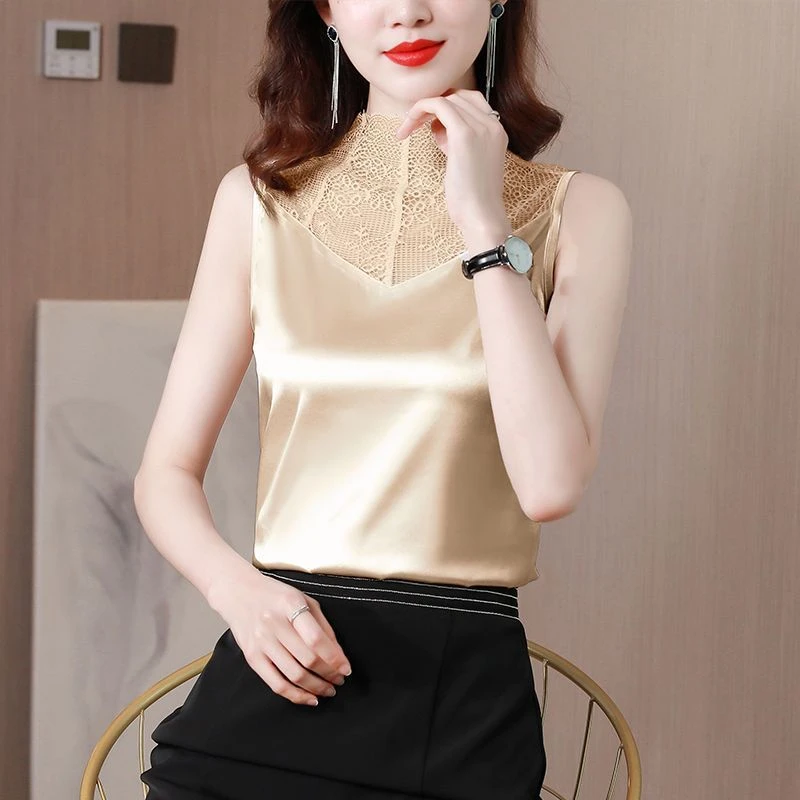 弹力丝缎吊带背心女夏季2023款内搭西装外穿蕾丝拼接打底缎面上衣