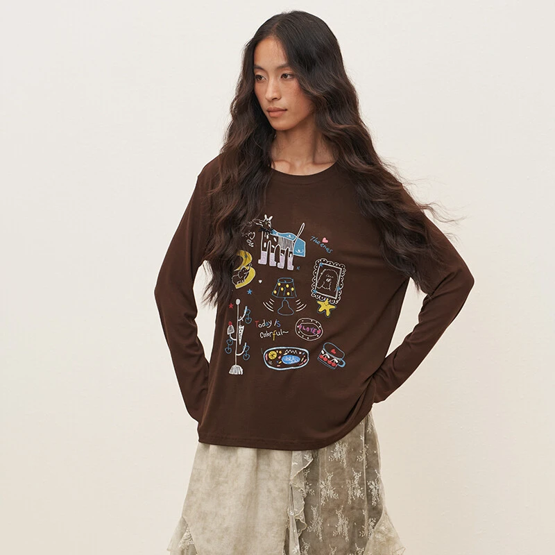 THE ENES彩色手绘印花长袖T恤复古休闲宽松圆领套头秋季女士上衣