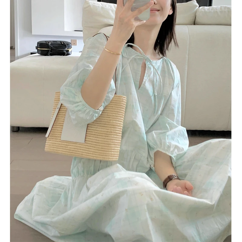 显瘦时尚裙子碎花MENGXIANG薄荷花蕊系带可调节领口长款连衣裙裙