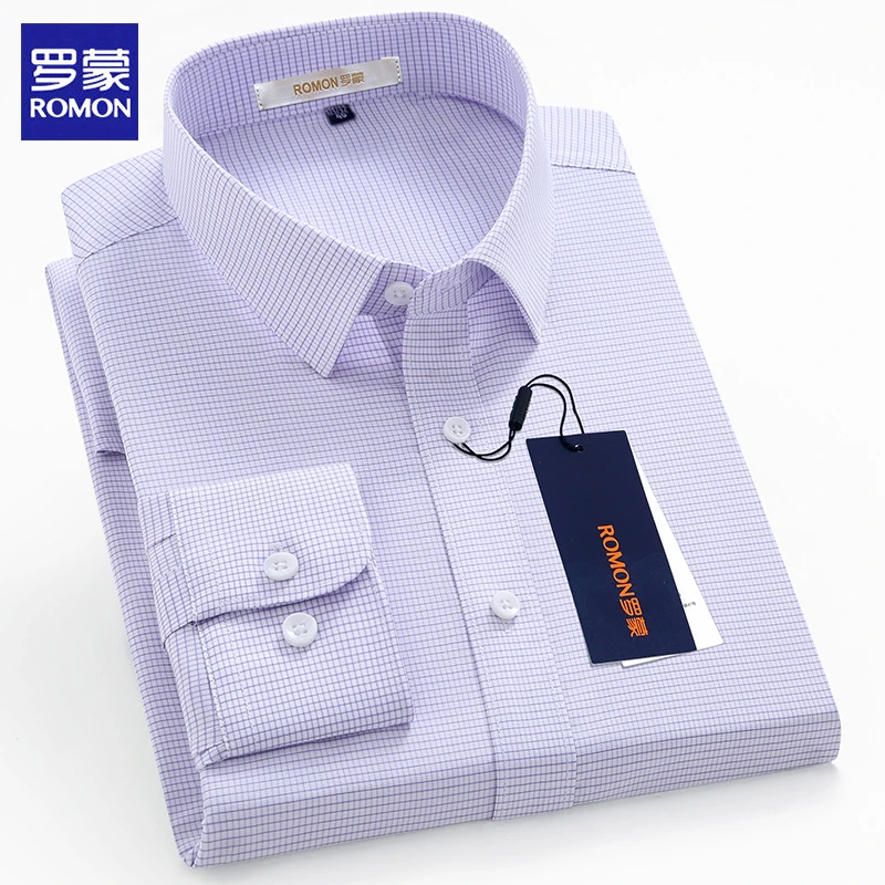 罗蒙【竹纤维免烫】男士衬衫长袖新款条纹格子衬衣抗皱商务休闲男装