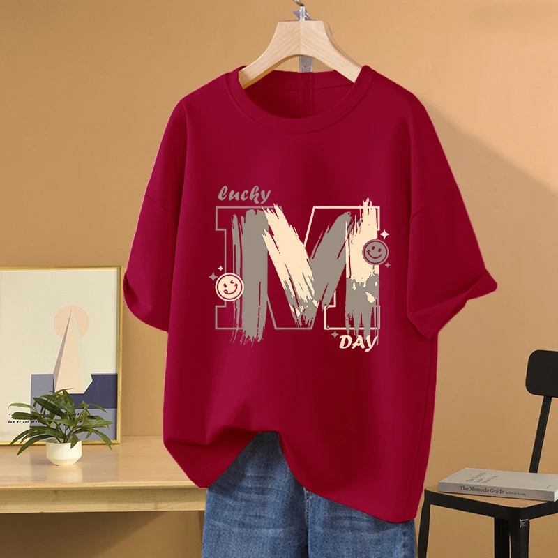 大码宽松红色圆领纯棉短袖t恤女装2025年新款夏季显瘦百搭上衣服