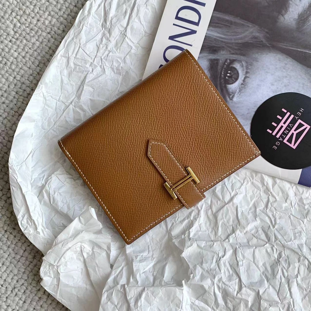 99新 Hermes/爱马仕 金棕金扣 bearn短款钱包 Z刻 13920099