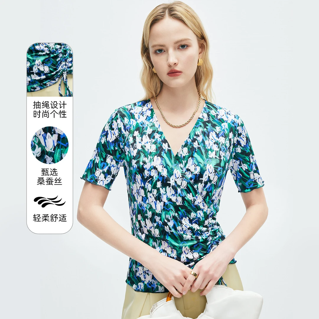 25夏季V领时尚印花短袖丝滑显瘦减龄透气百搭T恤女ES250381Z