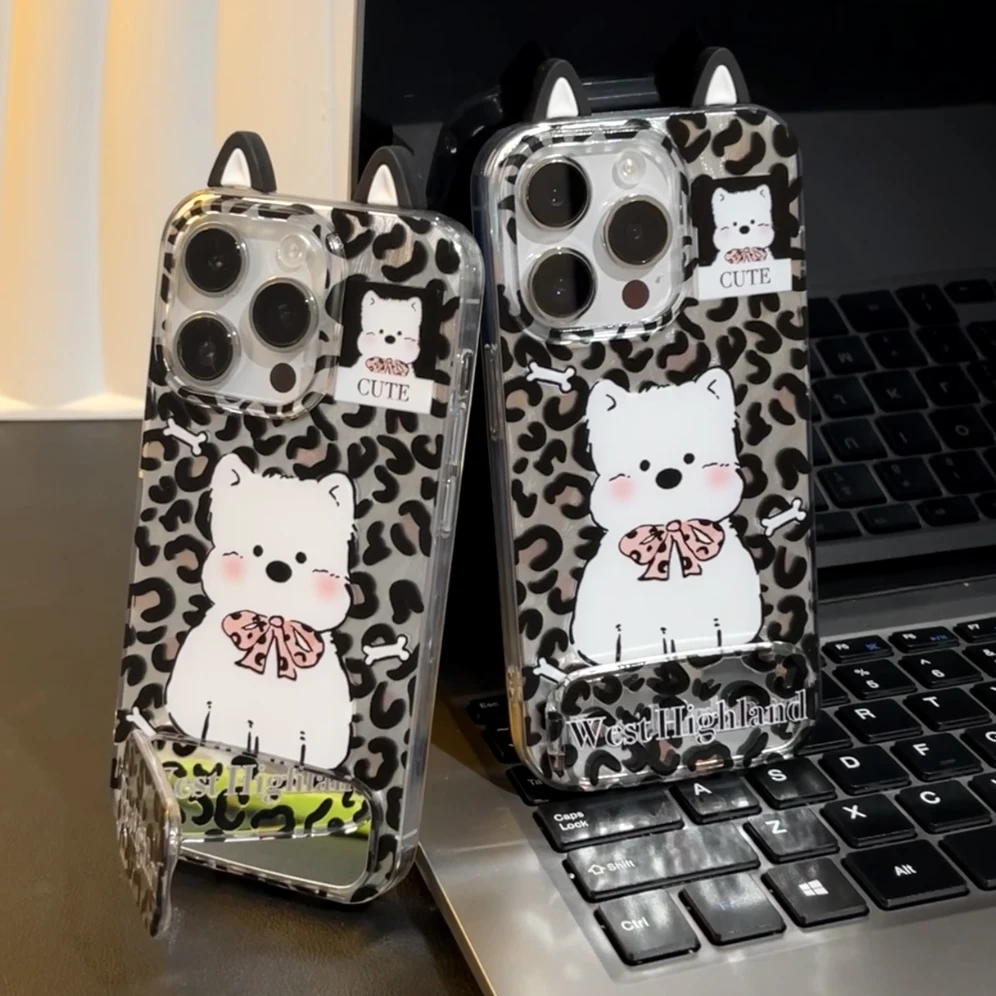 雅天立豹纹西高地适用苹果16手机壳iPhone13支架华为vivo小米oppo