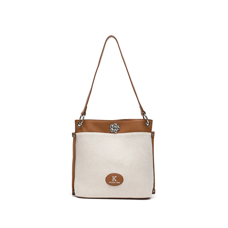 单肩包竖款扣式车缝线单肩通勤时尚文艺女士水桶包托特包撞色