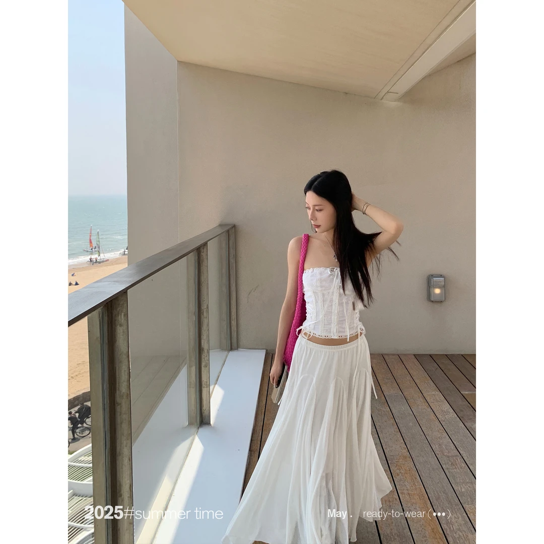 SUNONEONE 天丝褶皱拼接半身裙女夏季抹胸宽松纯色显瘦长裙H1018Q