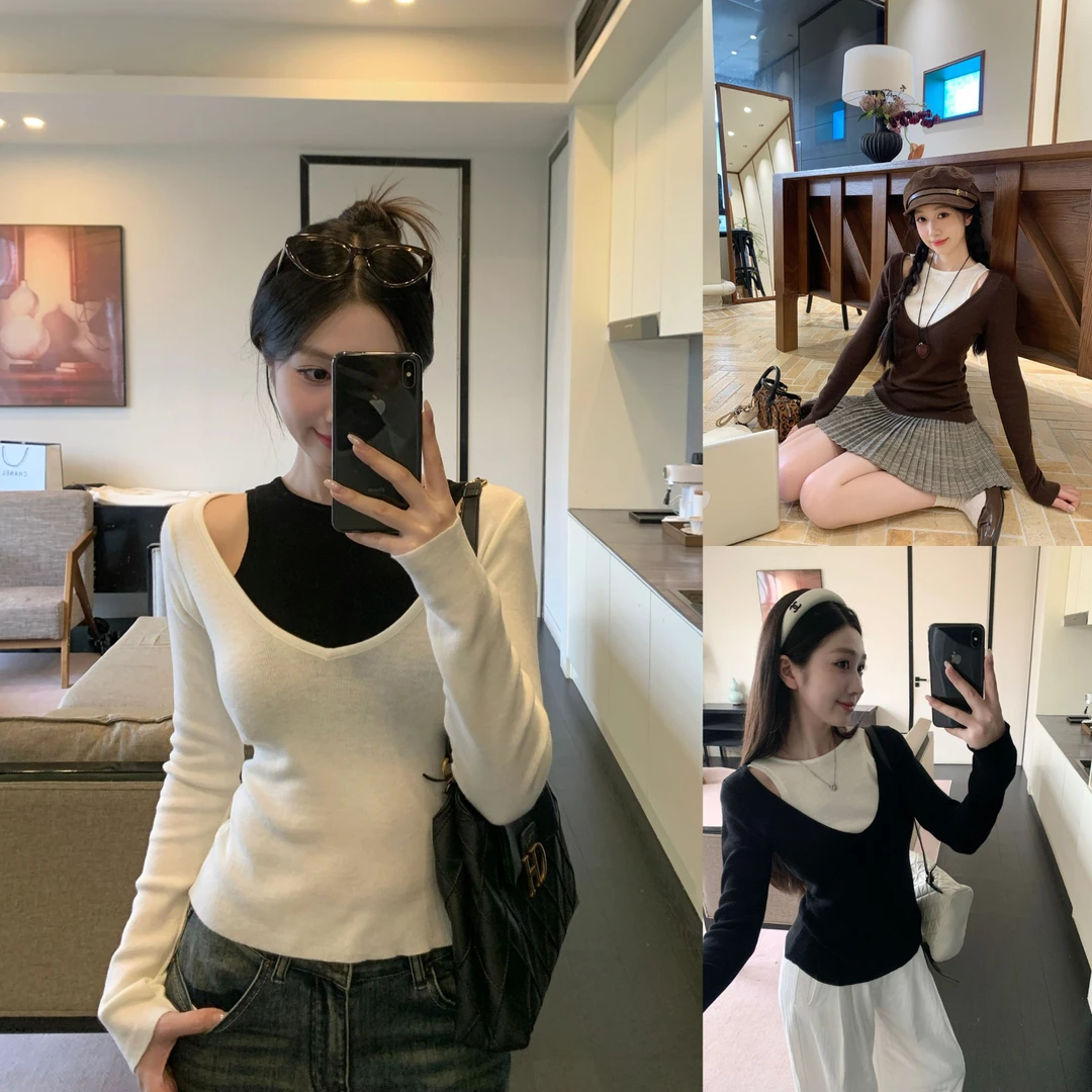 百搭慵懒风显瘦假两件撞色小众不规则设计感针织衫女秋季上衣