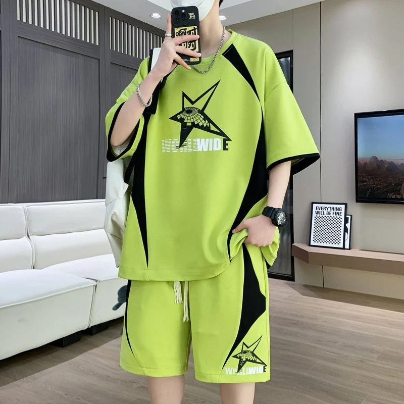 夏季青少年潮流帅气短裤搭配两件套男生休闲运动宽松短袖t恤套装
