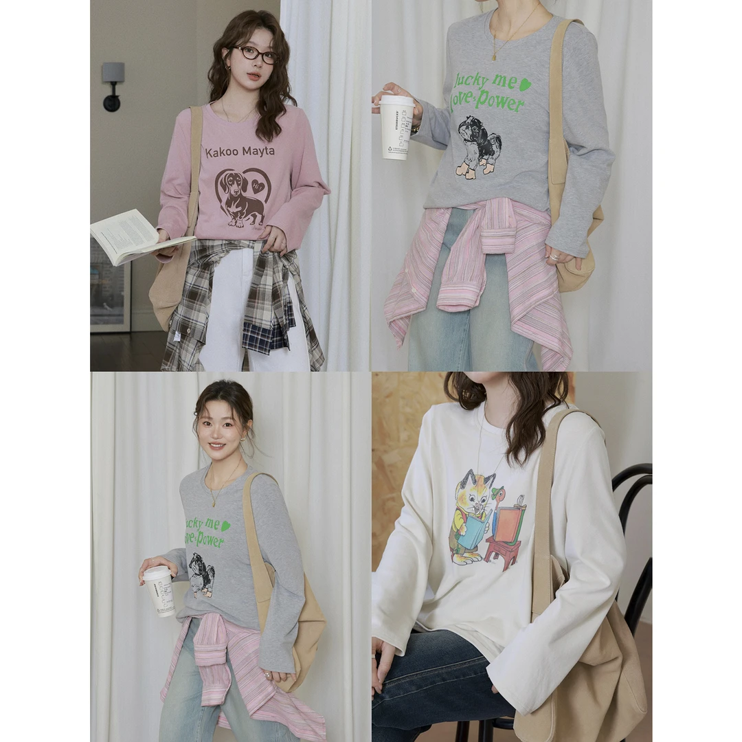 现货大婉酱微胖定制【童心t】趣味印花长袖T恤秋薄款显瘦上衣2712D