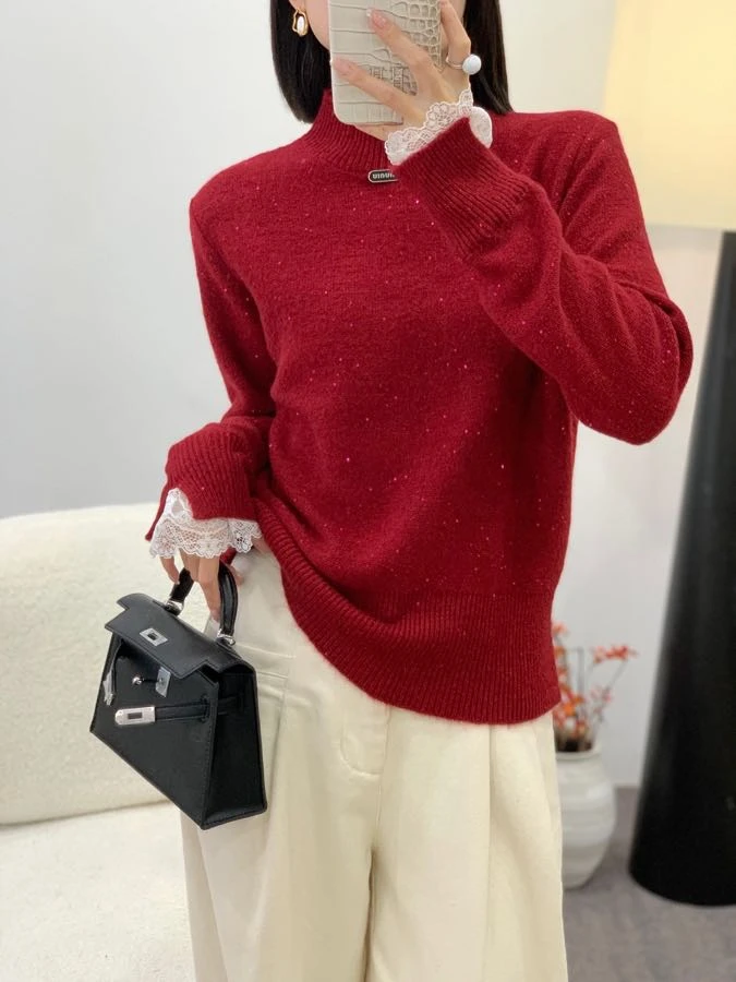 ANYUMO/安妤茉6580超细羊毛蕾丝拼接袖亮片套头毛衣时尚百搭女