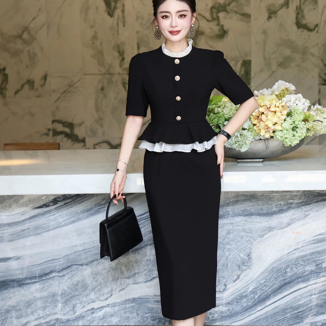 南油特价高端名媛气质荷叶边黑色显瘦假两件连衣裙25236