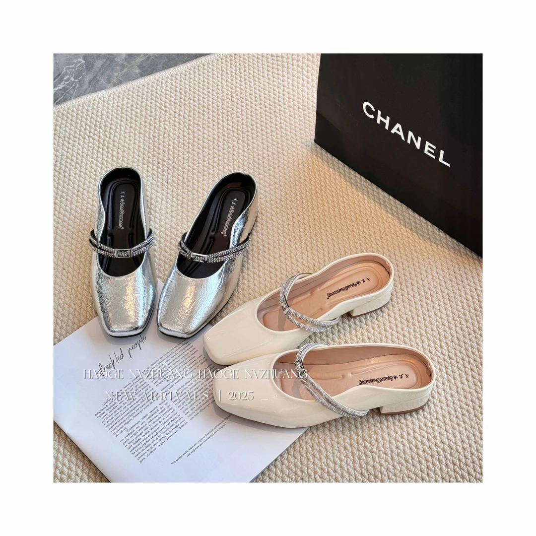 韩版粗跟玛丽珍鞋女2025新款春夏法式仙女风水钻方头半拖鞋