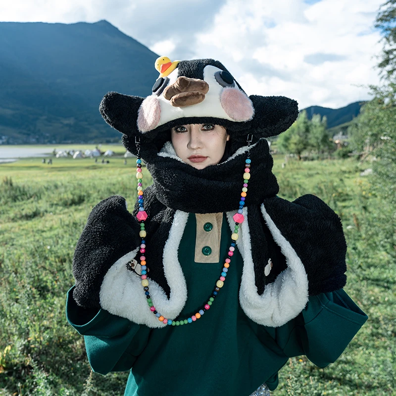 芽小七手创秋冬款企鹅围巾帽一体帽子围巾三合一毛绒黑白百搭显白