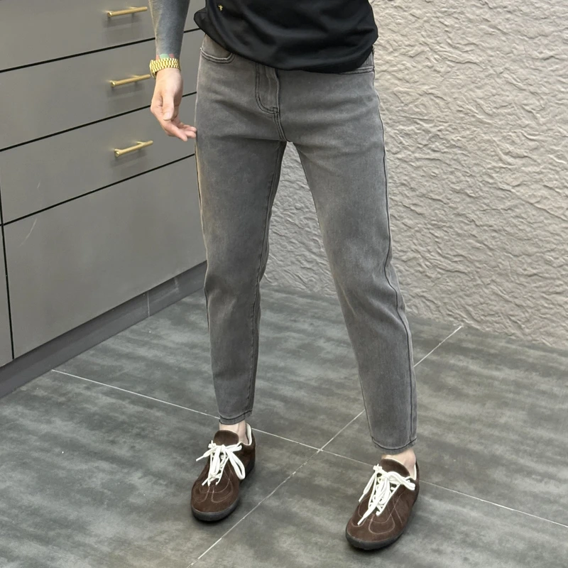 2025春夏时尚休闲净版纯色男士韩版商务百搭修身弹力高级灰牛仔裤