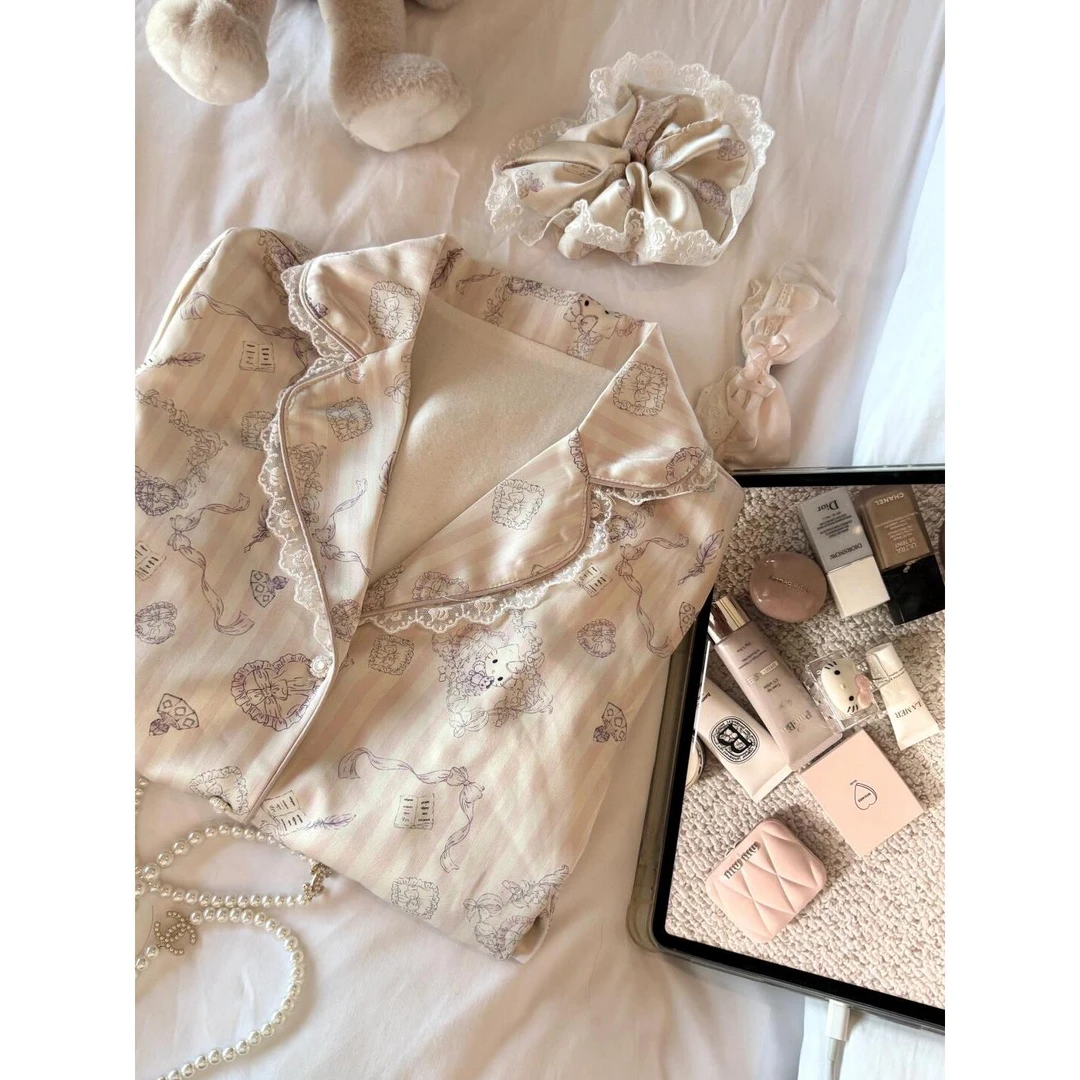【拼接Kitty】蕾丝花边睡衣女2025春秋款甜美少女冰丝家居服套装