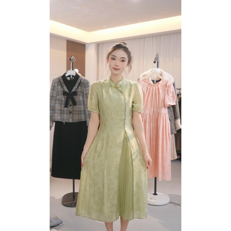M0055 新款春秋季新中式收腰长裙气质连衣裙女
