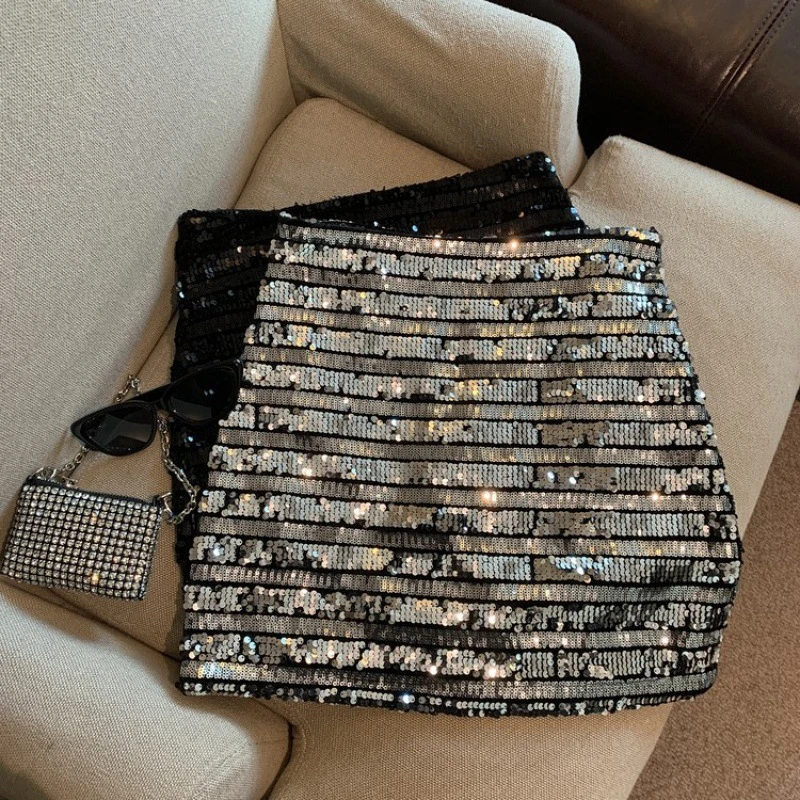 新款秋冬气质短裙亮片A字黑色女款休闲半身裙裙子百搭半裙女装