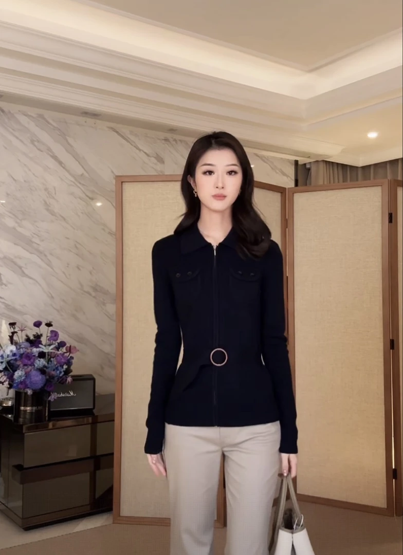 复古修身收腰翻领拉链开衫外套女