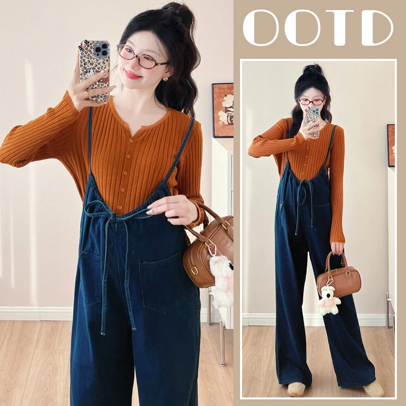 孕妇套装牛仔背带裤春秋款遮肚子春季新款阔腿裤遮肉网红外穿薄款