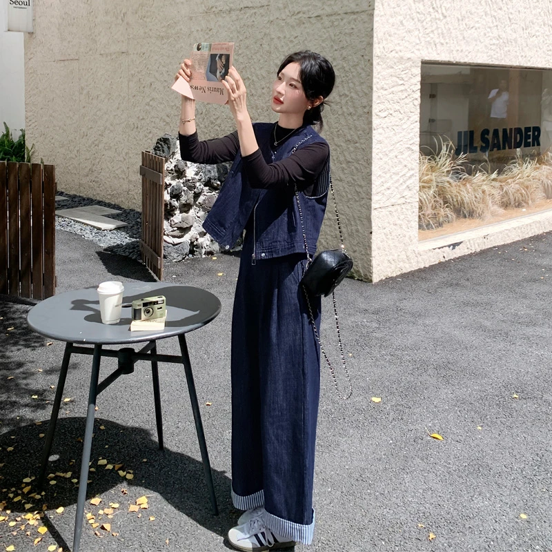 甜酷风复古牛仔马甲阔腿裤2025春秋新款小众时尚轻熟风韩系两件套