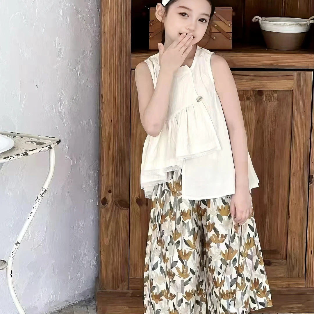 女童夏套装2025新款大童女孩无袖棉布娃娃衫背心碎花阔腿裤两件套