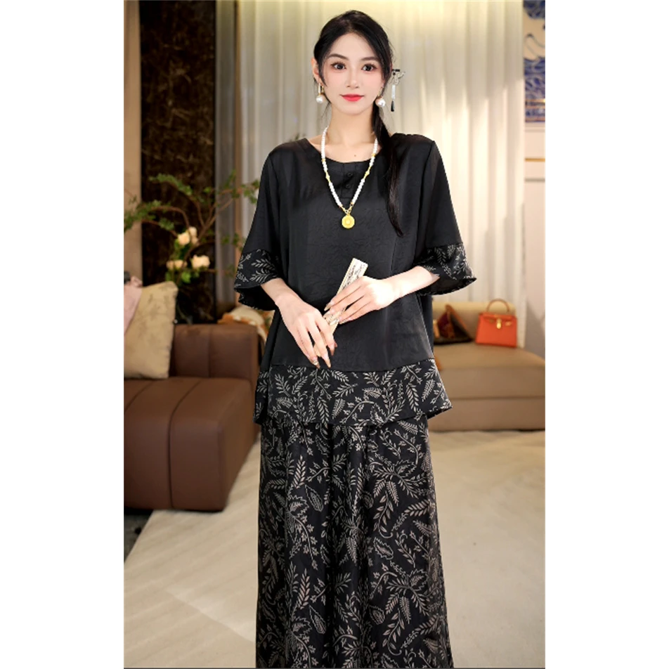 春款上新【云水谣】时尚大码显瘦中老年气质宽松上衣裤子套装-8087#