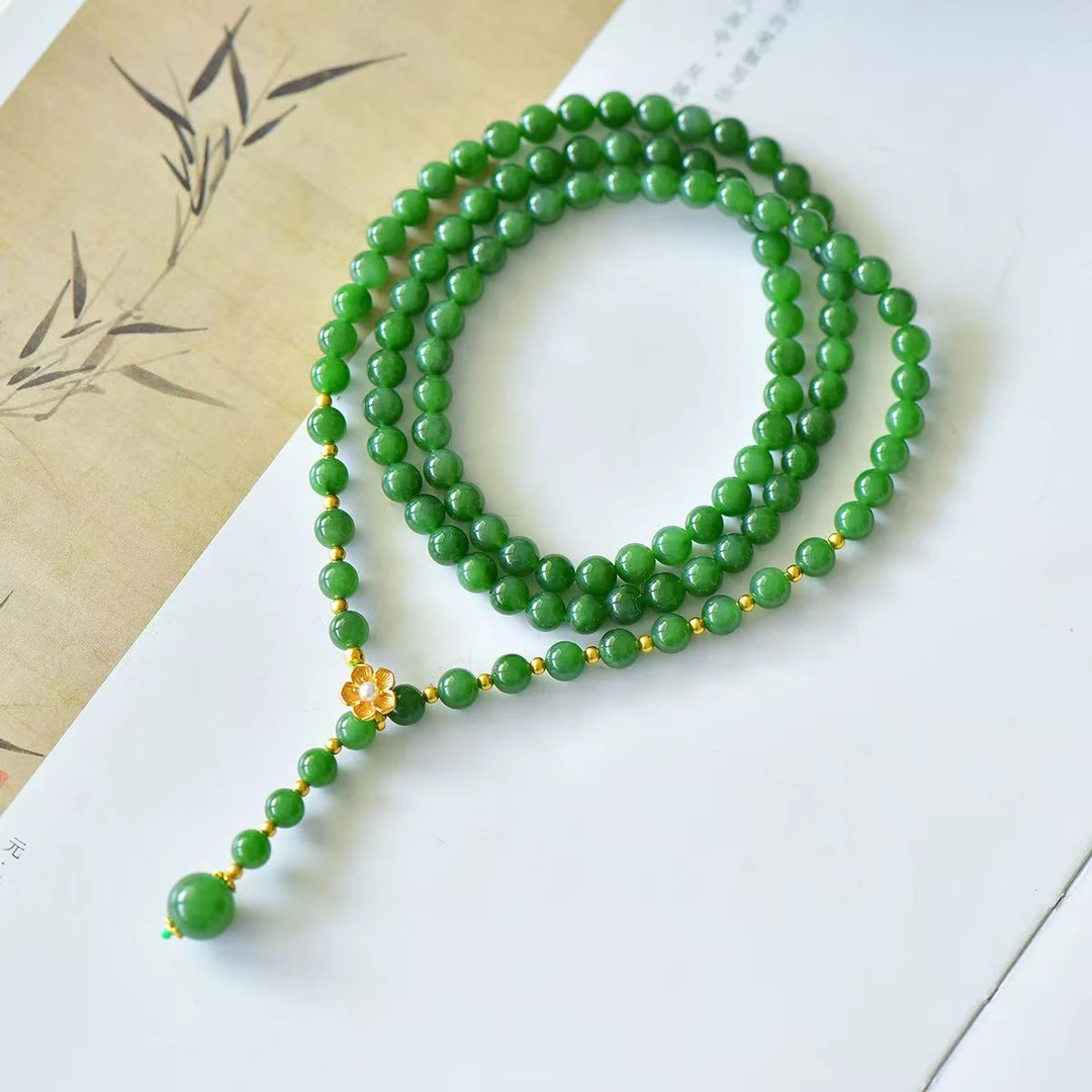 TE320天然和田玉碧玉约6-10mm毛衣链精美百搭项链