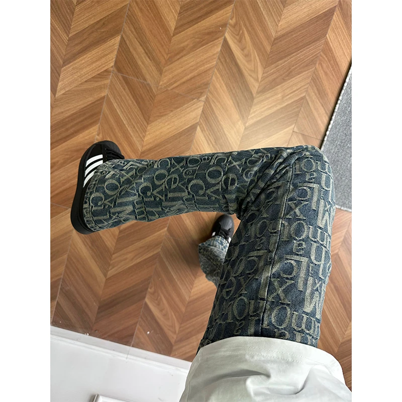 字母提花牛仔裤男夏季薄款潮牌vibe美式高街工装裤子直筒微喇裤潮