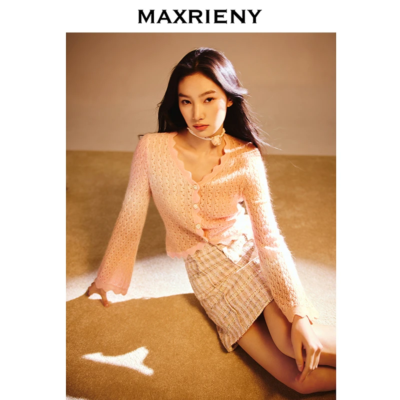 MAXRIENY慵懒浪漫精致纽扣针织外套女高级气质晕渐变欧若智性风