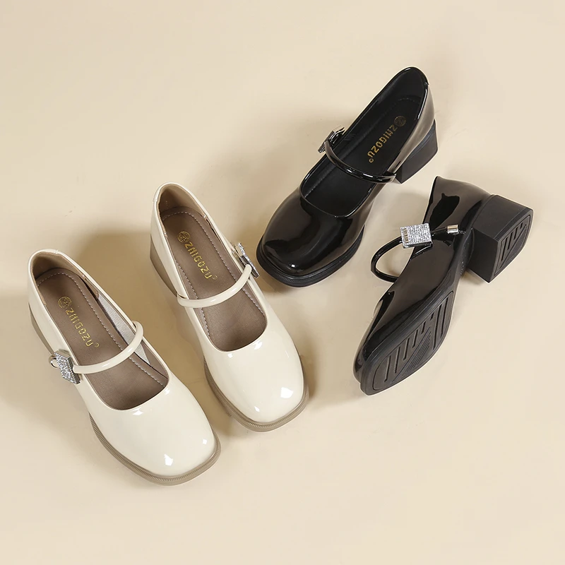 一脚蹬薄款粗跟透气简约复古女鞋金属扣单鞋法式方头鞋子浅口