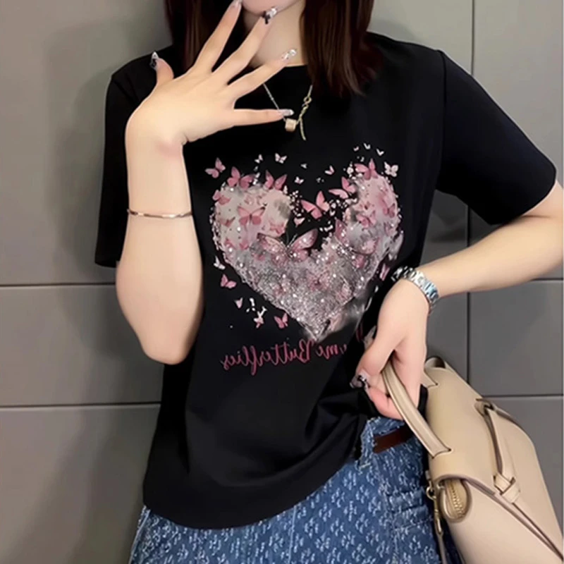 设计感黑色正肩短袖女t恤2025夏季舒适感小众高级感心形图案上衣
