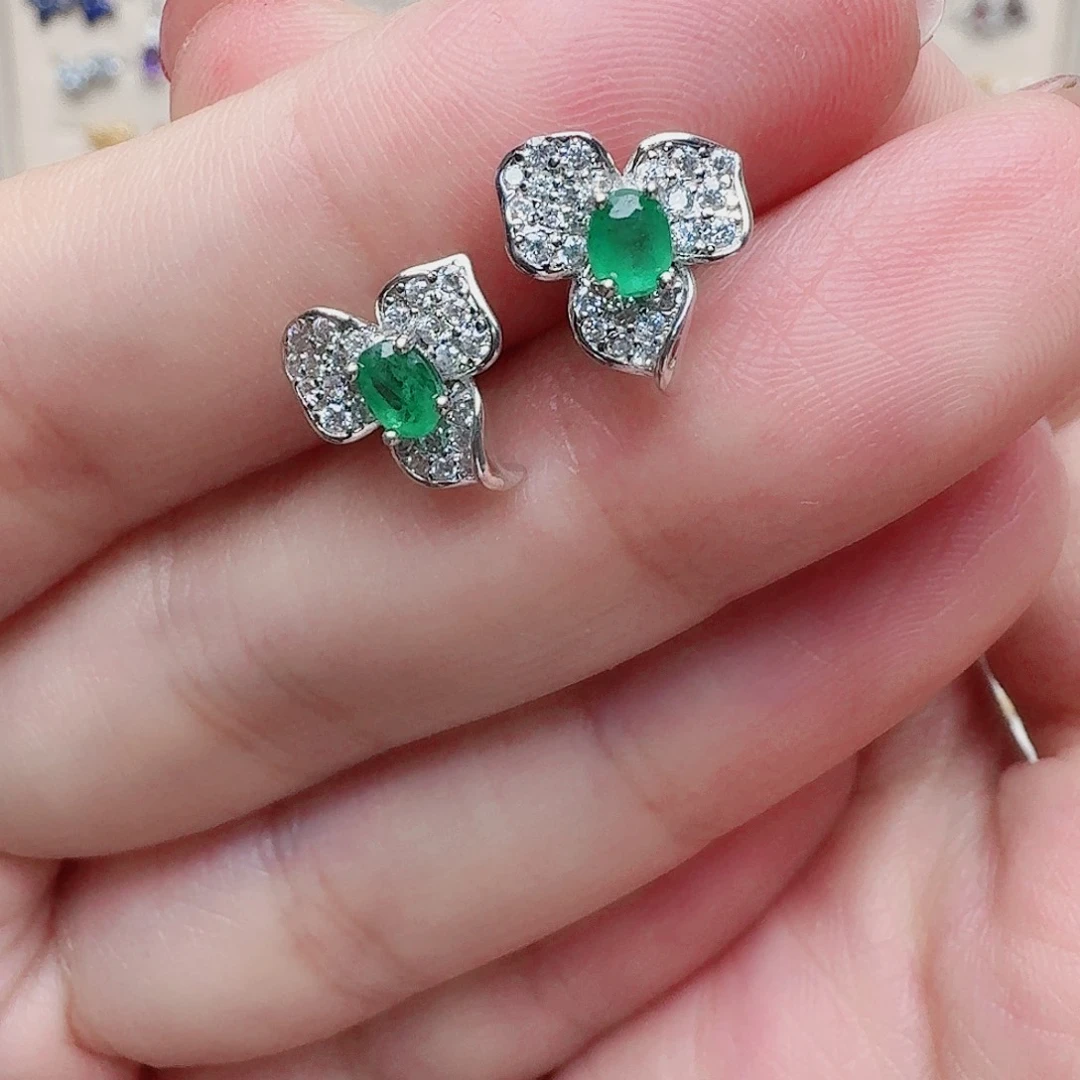 耳饰银S925镶嵌祖母绿耳钉474