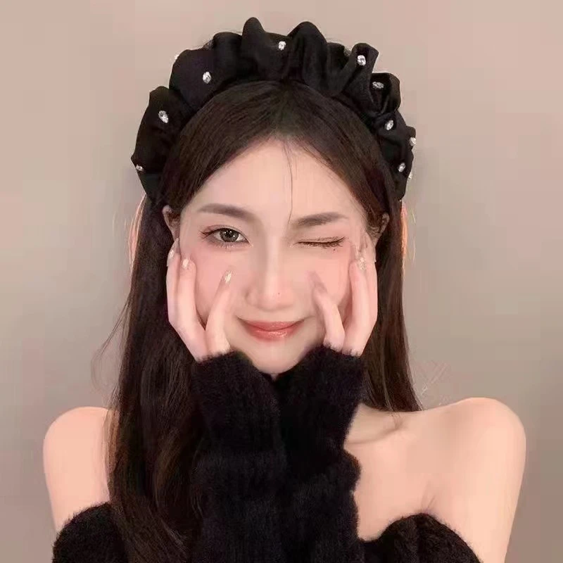 褶皱镶钻发箍港风感绸缎带钻头箍褶皱高颅顶大肠发卡女