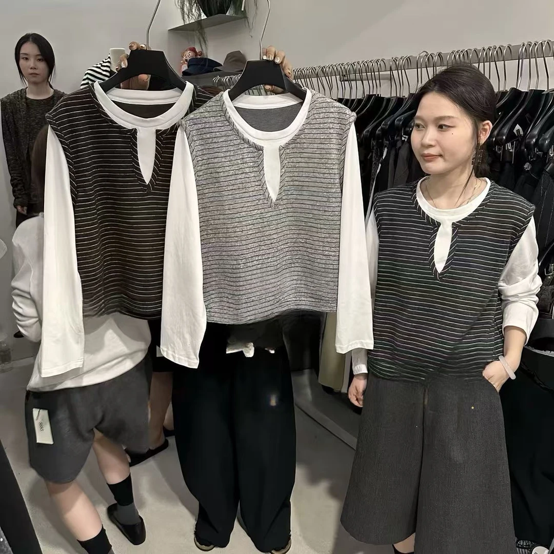 1212新款韩版撞色假两件拼接针织T恤女长袖宽松上衣（衣长54）