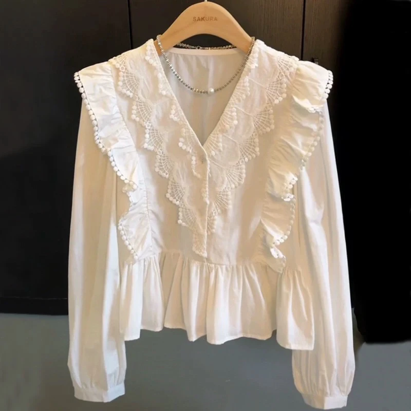 法式高级感V领白色衬衫女春季设计感荷叶边长袖上衣