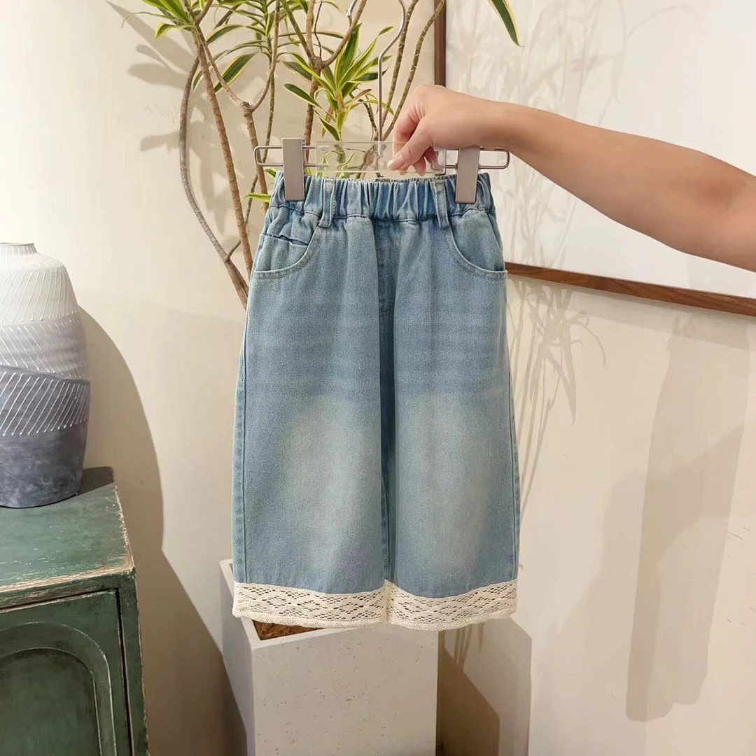 【云朵小葵】女童磨白直筒裤脚蕾丝休闲牛仔裤28731